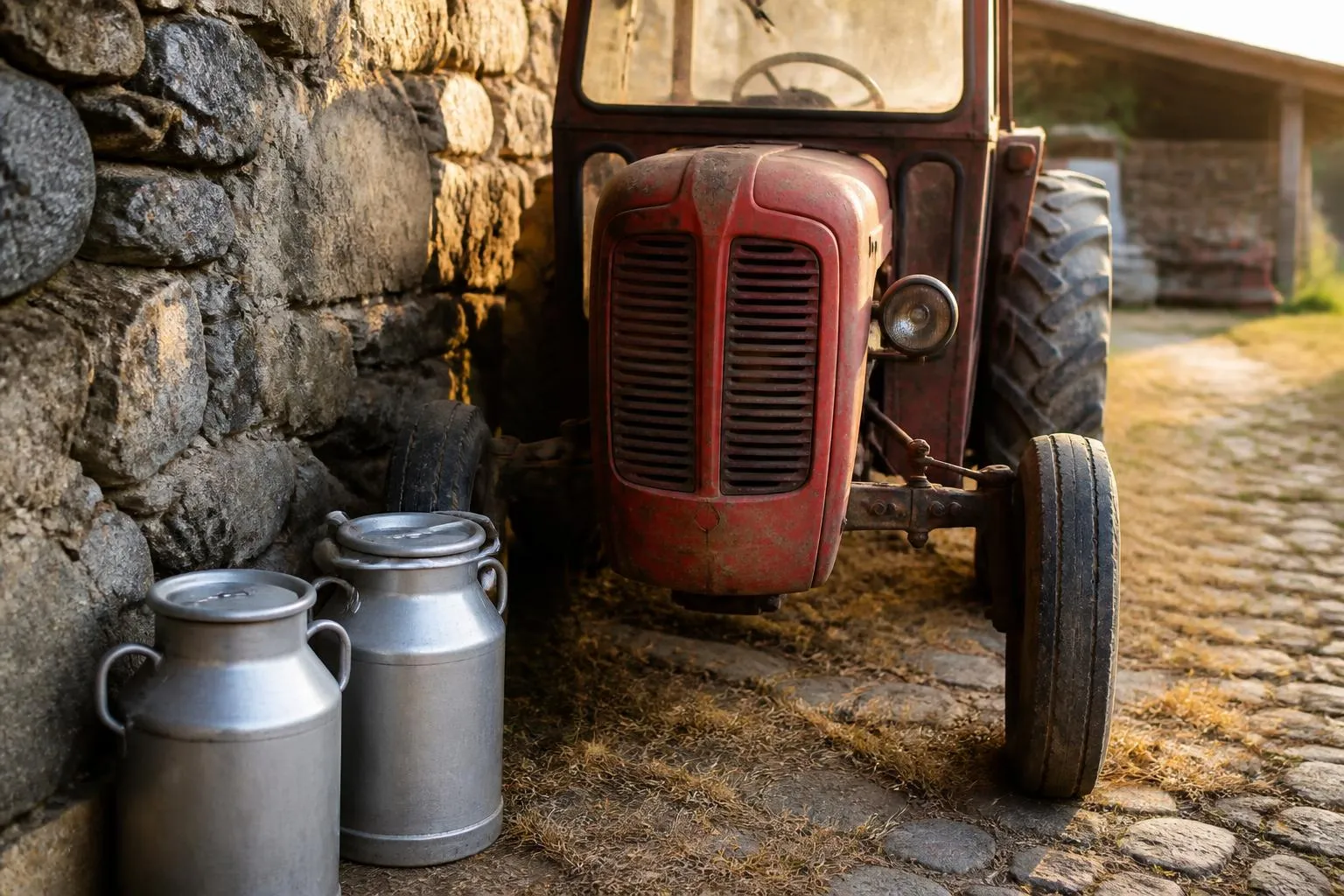 Cour de ferme avec un tracteur ancien et des bidons de lait en inox posés contre un mur de pierre