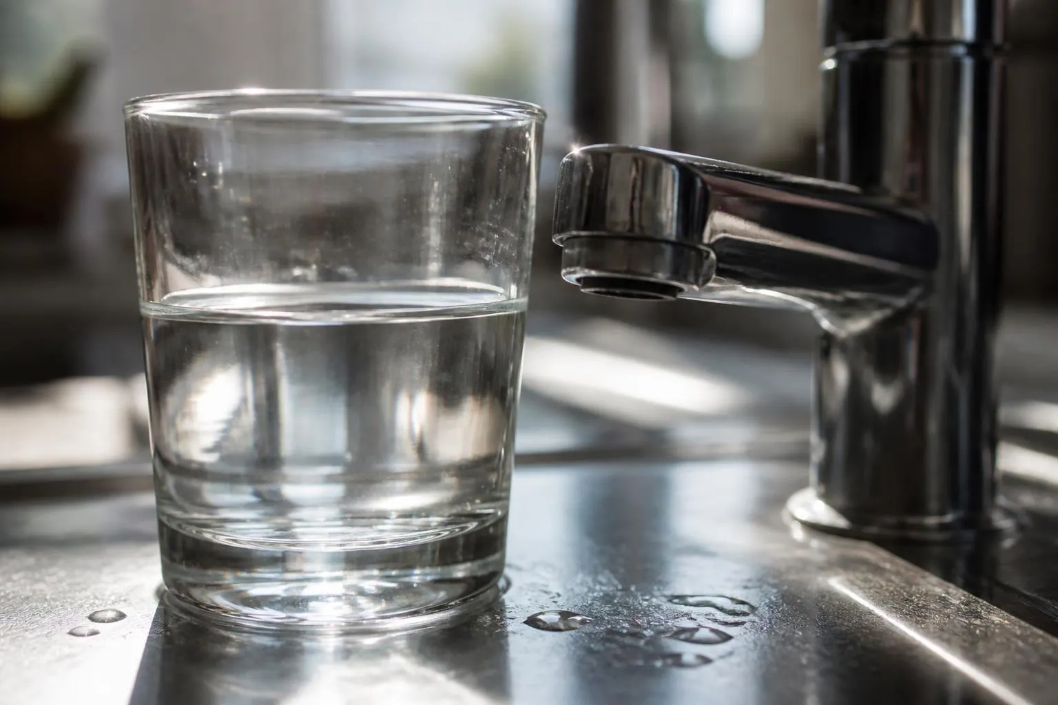 Un verre d'eau posé sur un plan de travail à côté d'un robinet de cuisine en inox