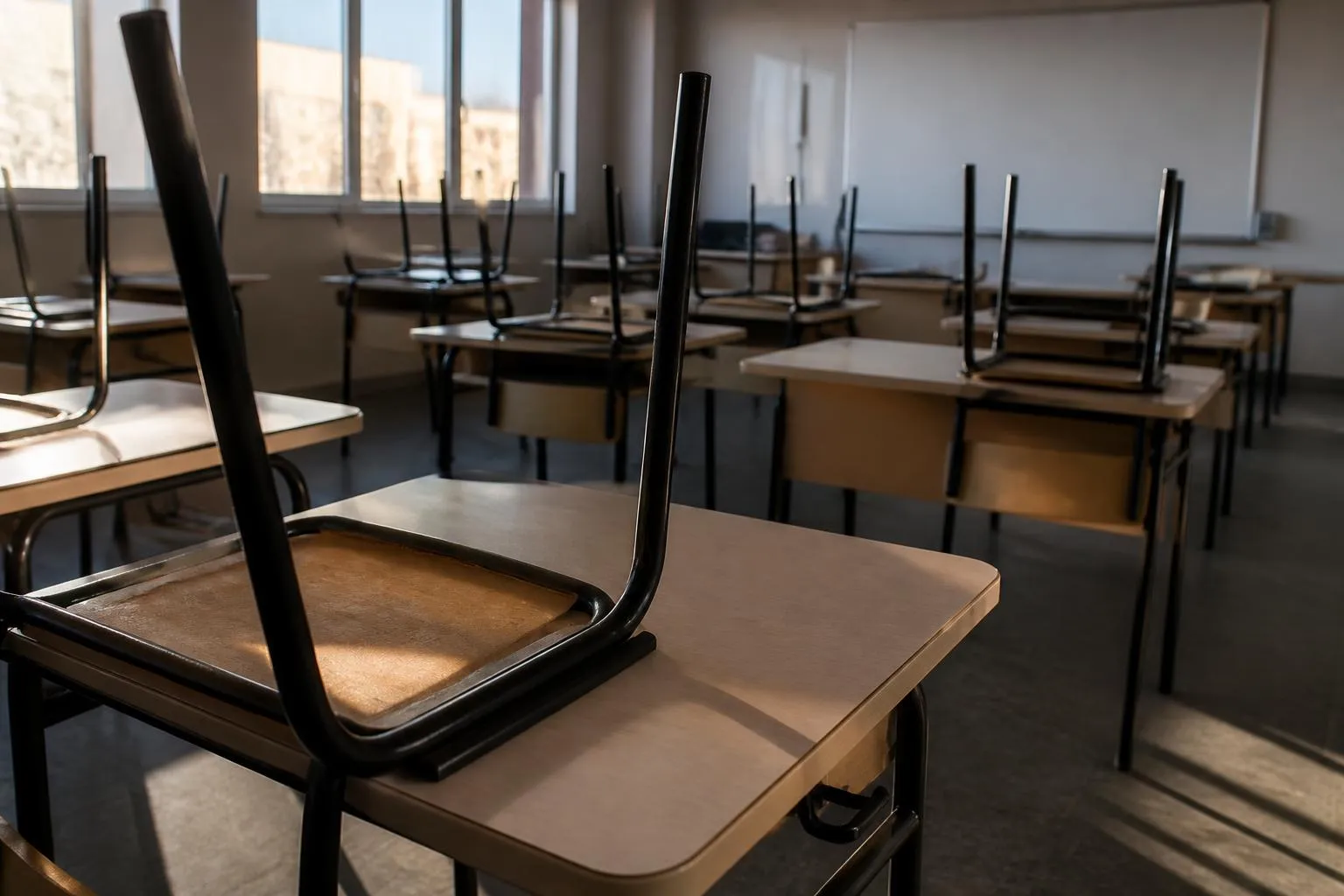 Salle de classe vide en fin de journée, tables alignées et chaises retournées