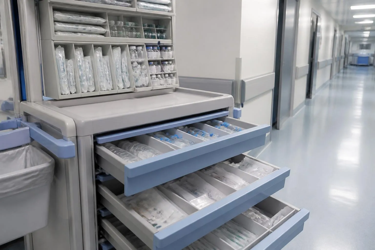 Un chariot de soins ouvert dans un couloir d'hôpital, compresses et flacons rangés par casiers.
