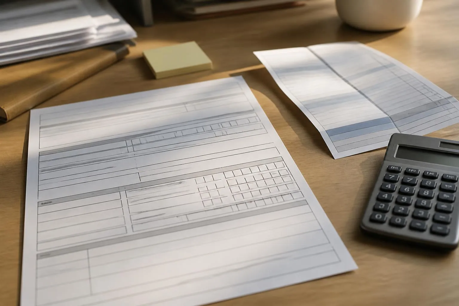 Un formulaire de déclaration de ressources posé sur une table, à côté d'une calculatrice et d'un relevé plié.