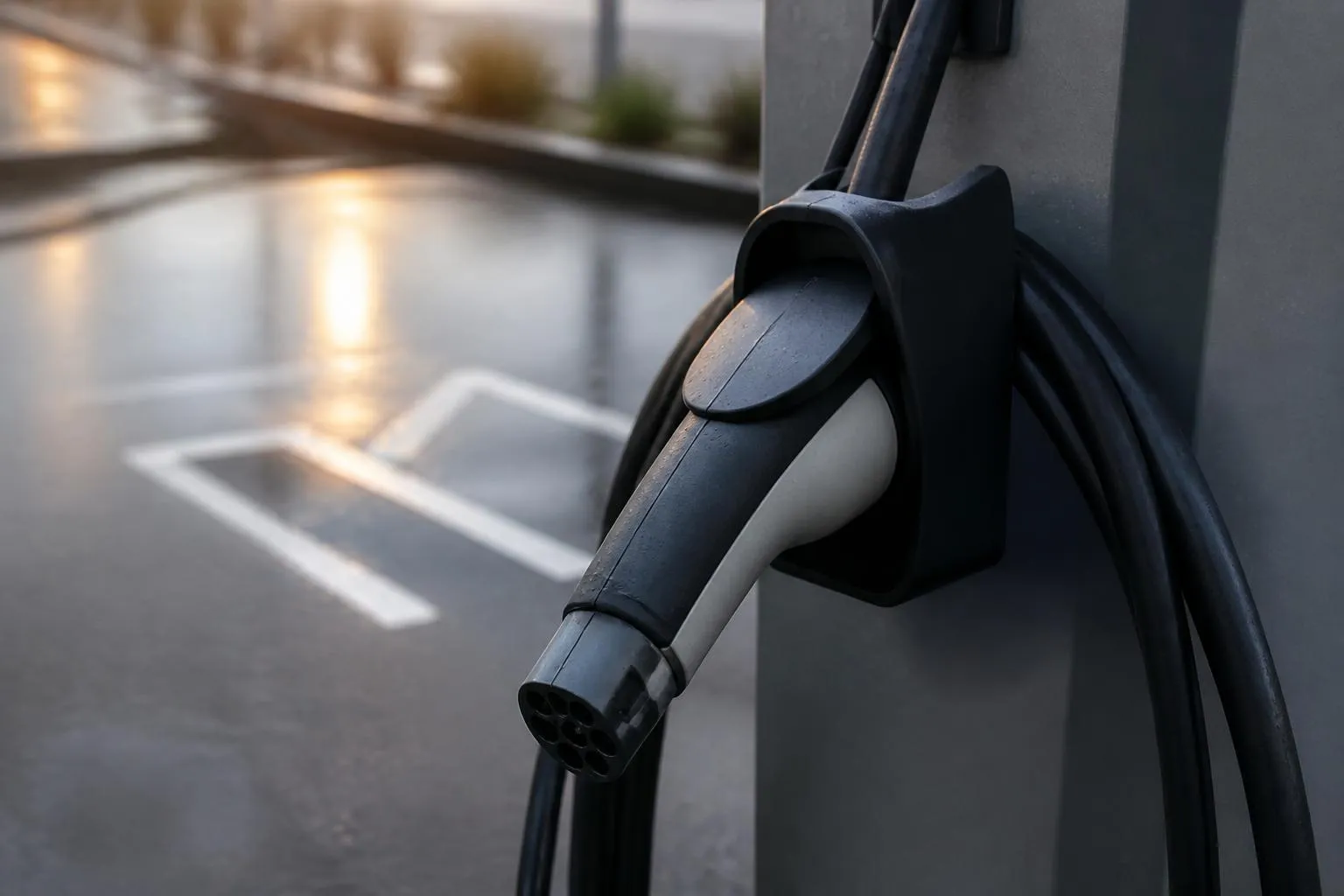 Prise de recharge type 2 pendue à son support sur une borne de voirie, câble enroulé, bitume mouillé autour.