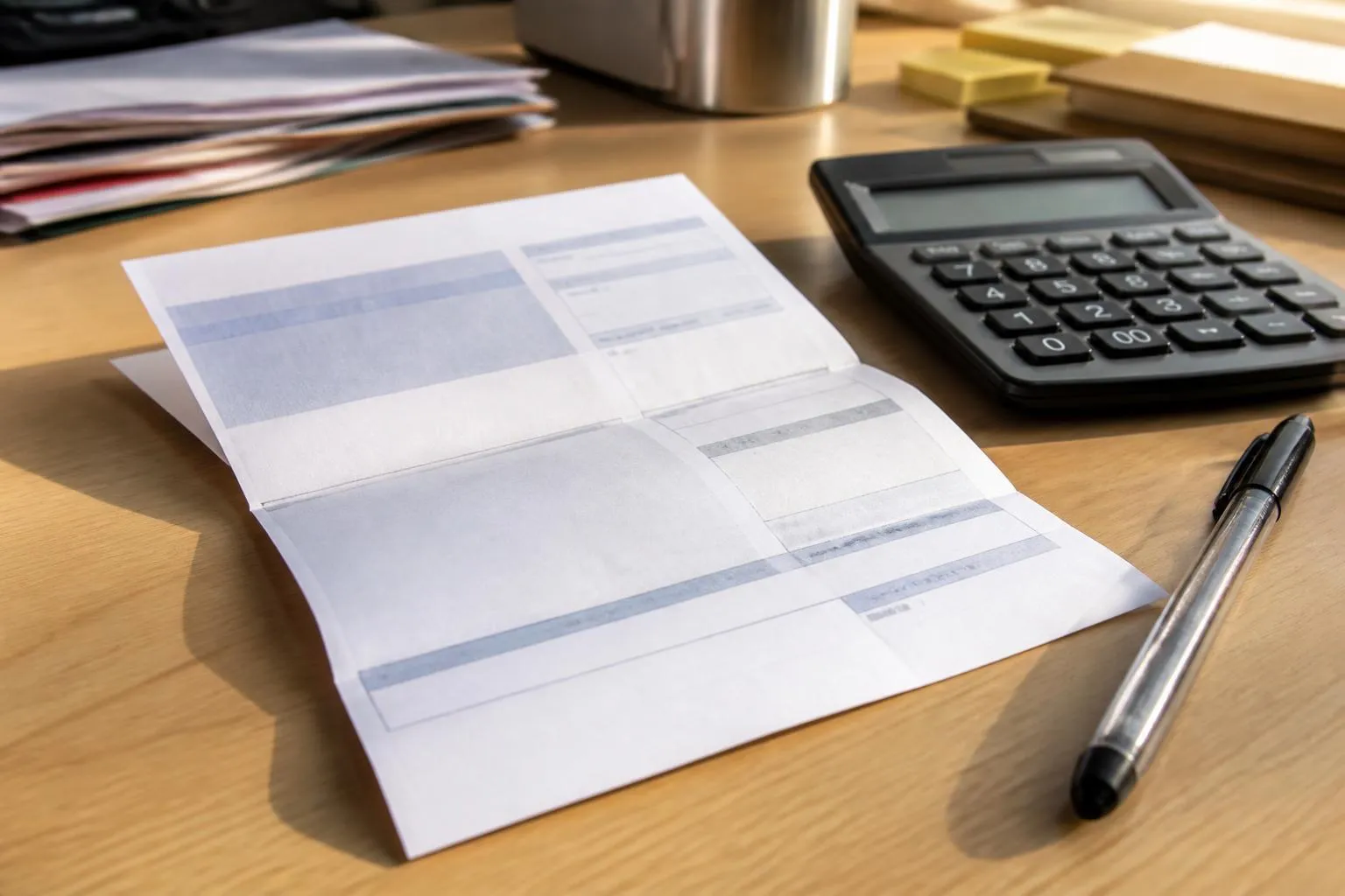 Un avis d’imposition plié en trois posé sur une table de cuisine, à côté d’une calculatrice.