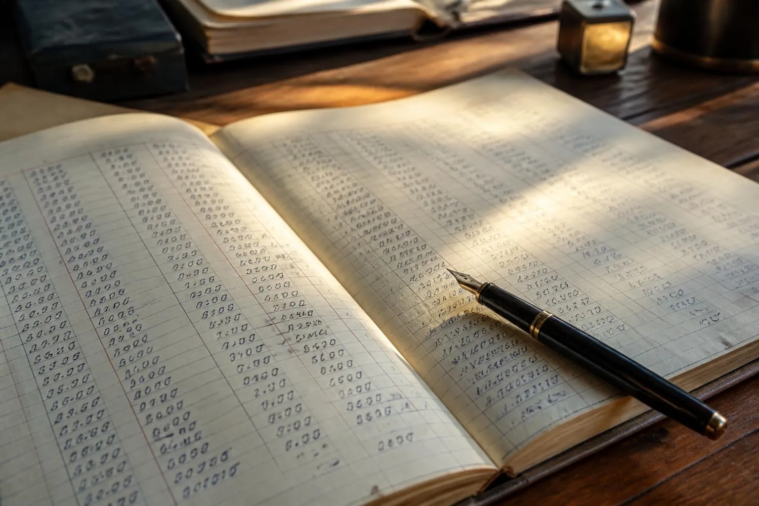 Un carnet de comptes ouvert sur une table, un stylo posé en travers d'une colonne de chiffres.