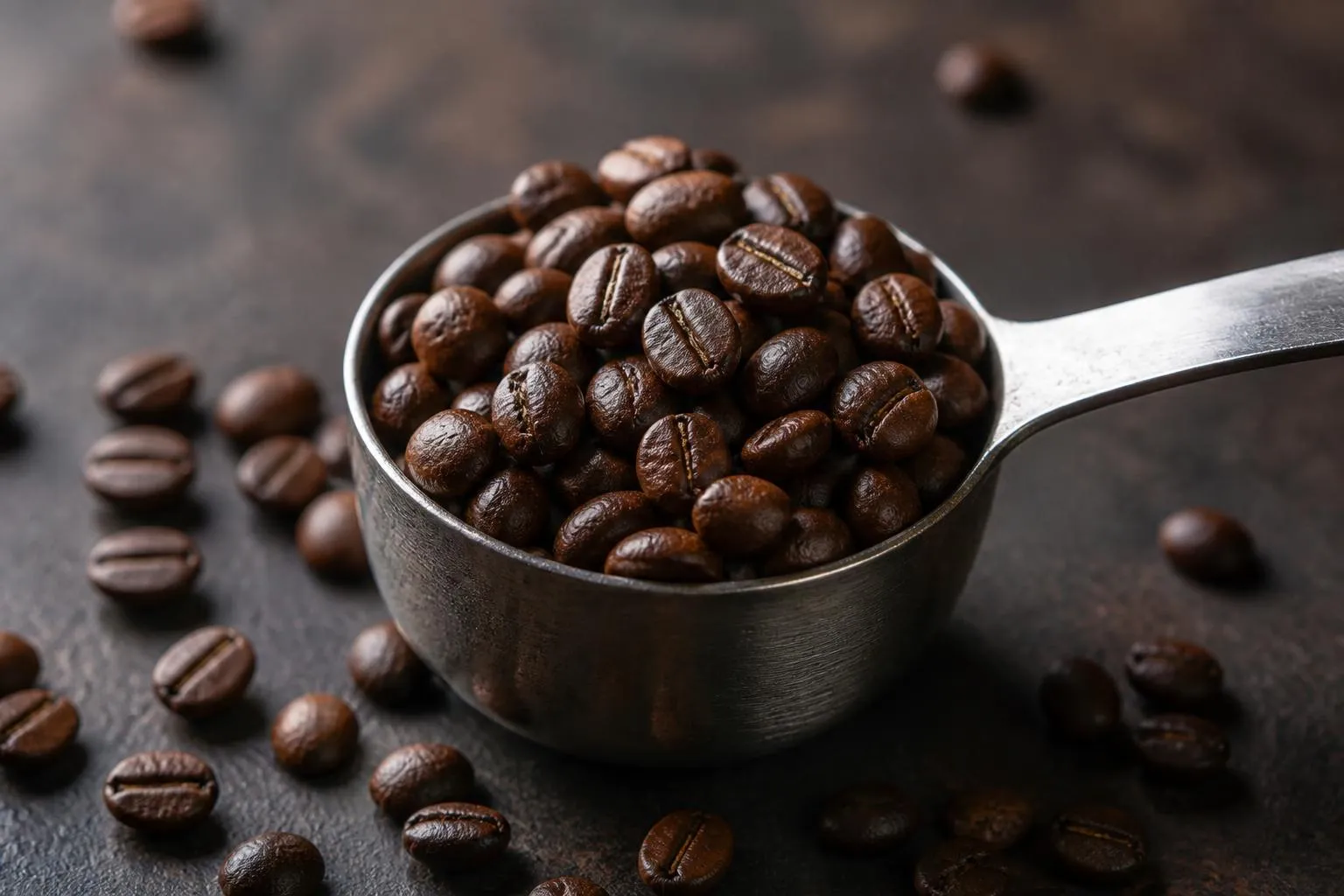 Grains de café torréfiés débordant d'une cuillère doseuse en métal posée sur un plan de travail sombre.