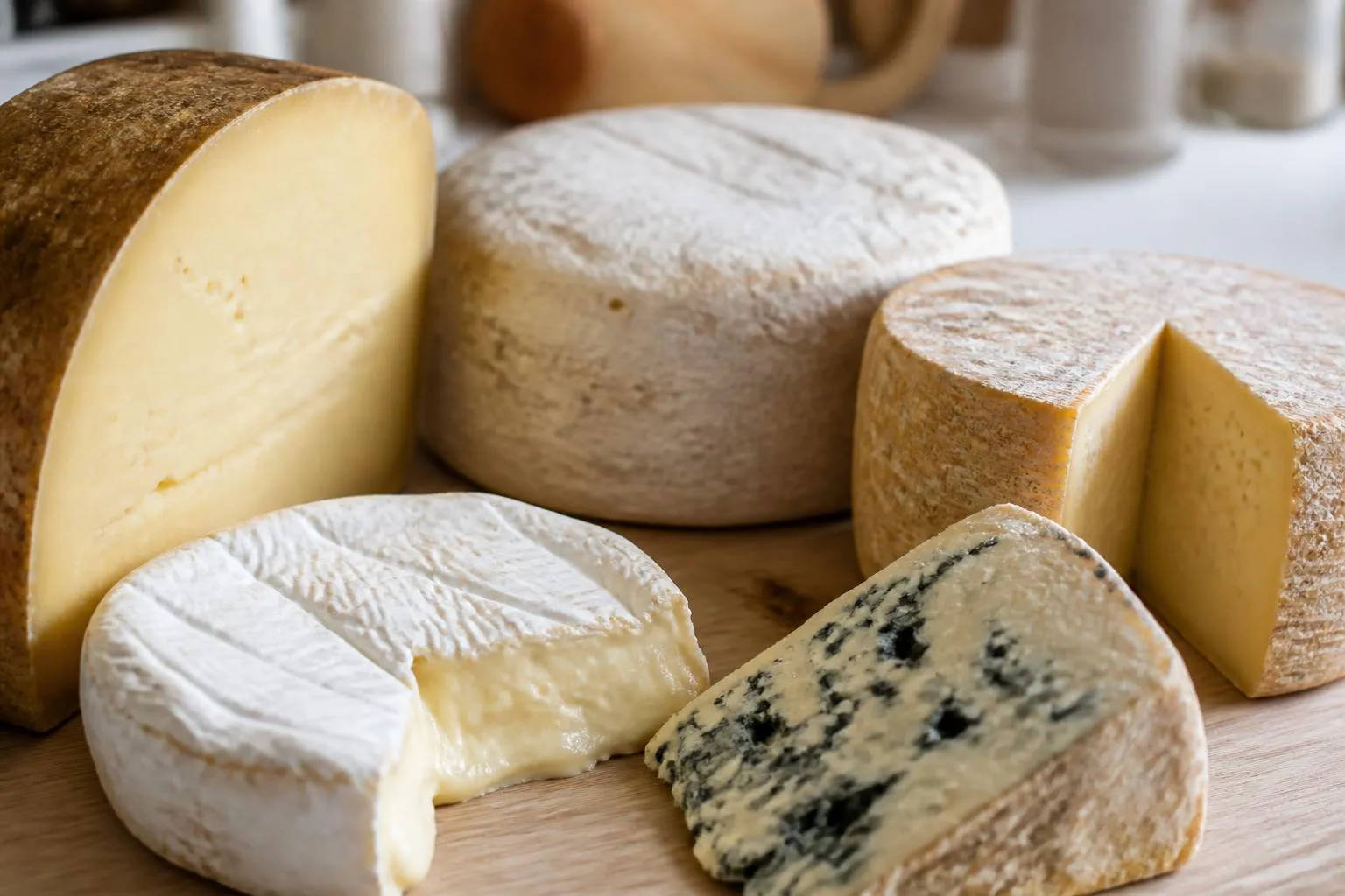 Plusieurs fromages entiers et entamés posés sur une planche de bois clair.