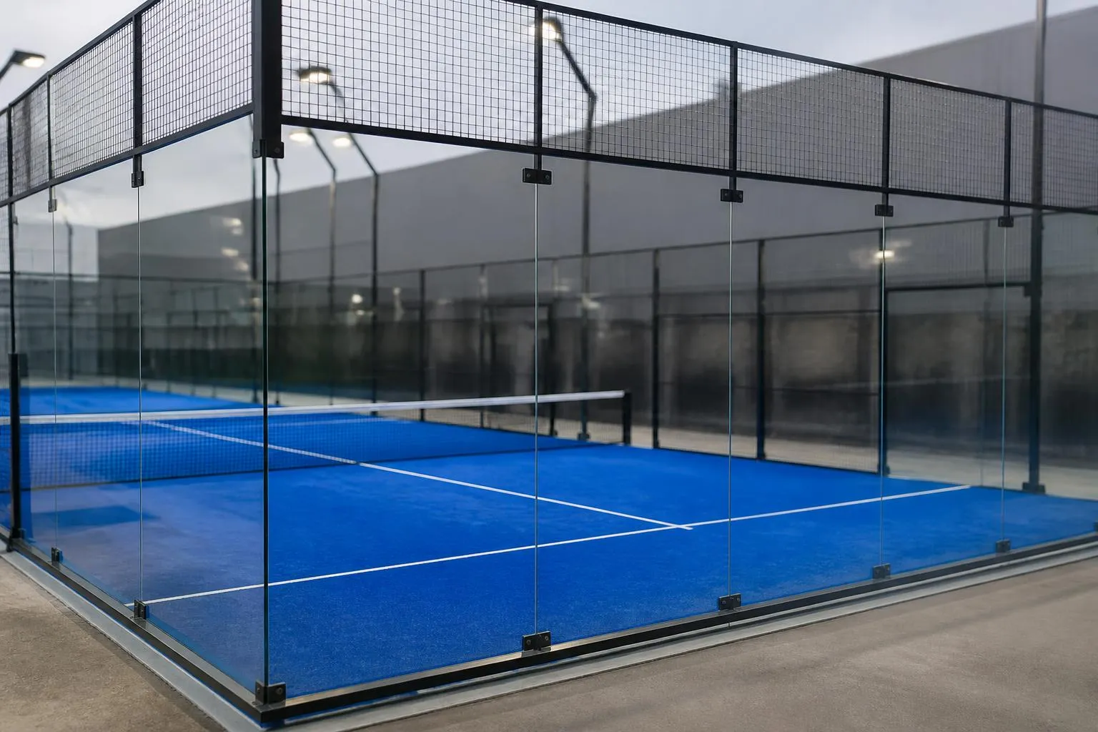 Une piste de padel vide, parois de verre et grillage, sol synthétique bleu sous éclairage