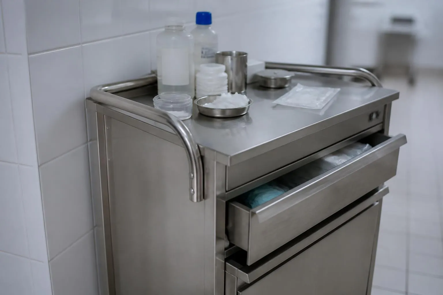 Un chariot de soins en inox garé contre un mur de couloir carrelé, tiroirs entrouverts.
